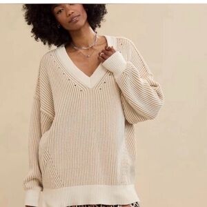 aerie Cream Oversized V-Neck Ribbed Sweater